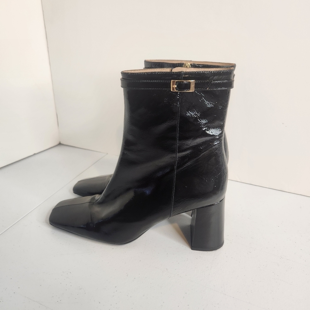 Ana Palma Black Patent Leather Chunky High Heel Boots Ankle Booties Size 41 9.5 - Picture 5 of 12